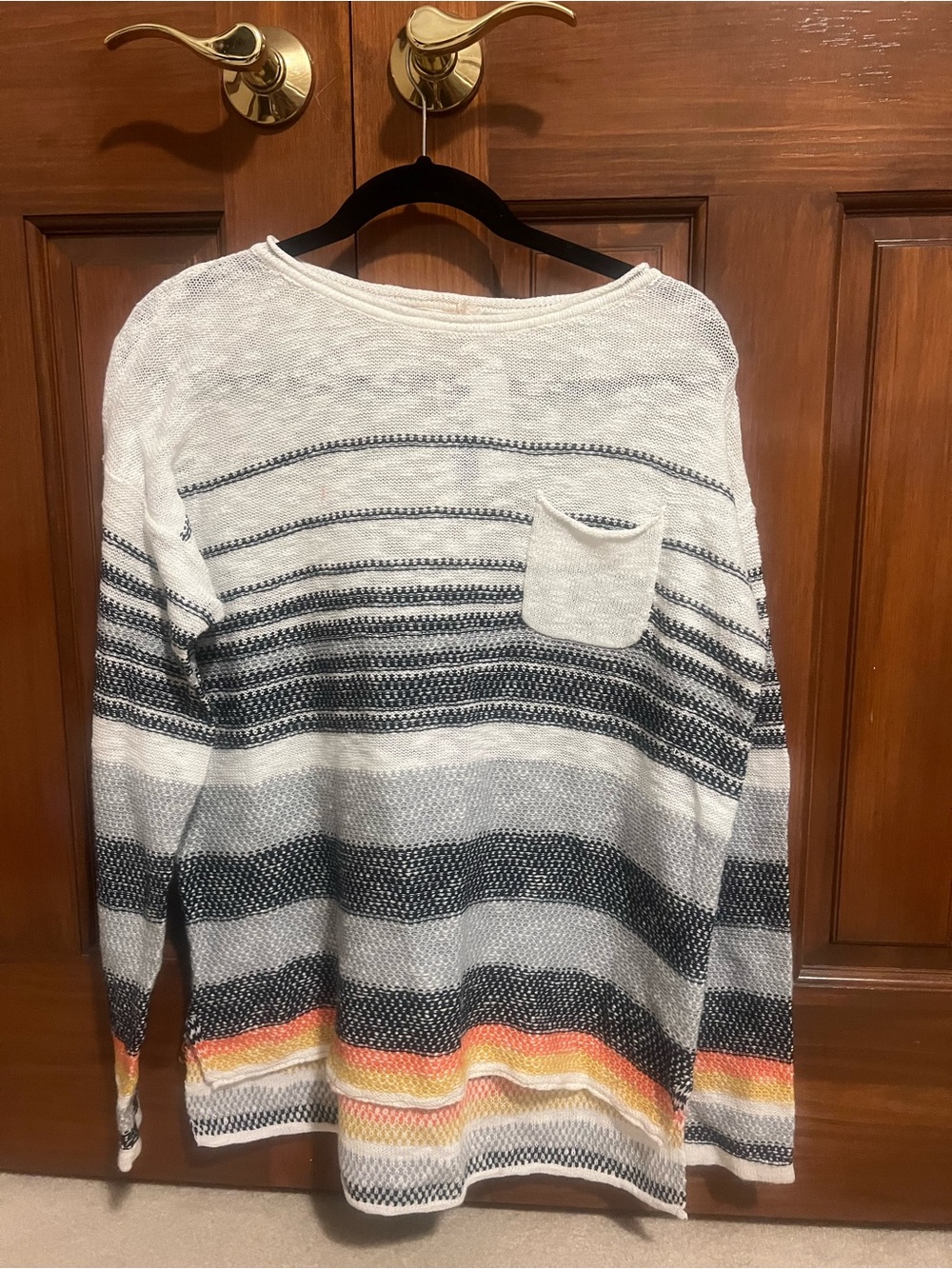 Boutique Striped Knit Women’s Sweater - White with Black and Sunset Accent